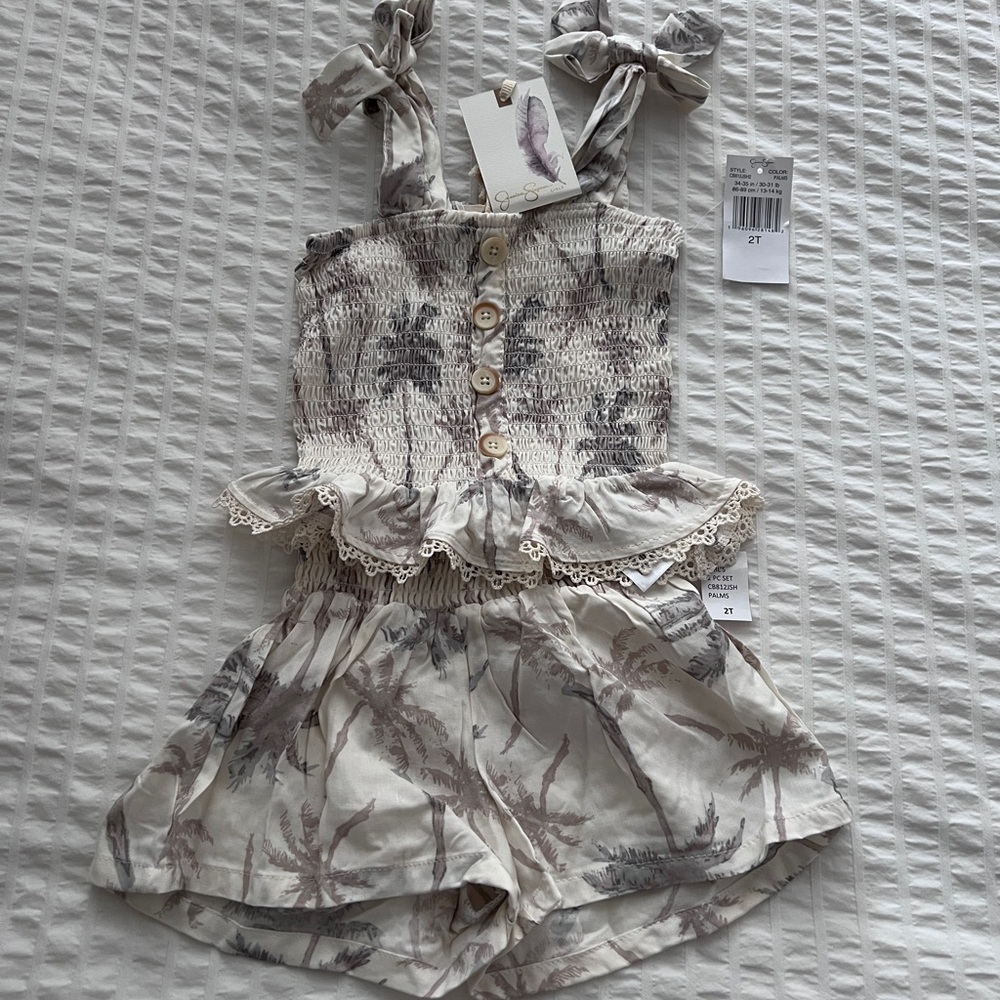 Jessica Simpson Kids Tropical Print Romper - Cream and Gray